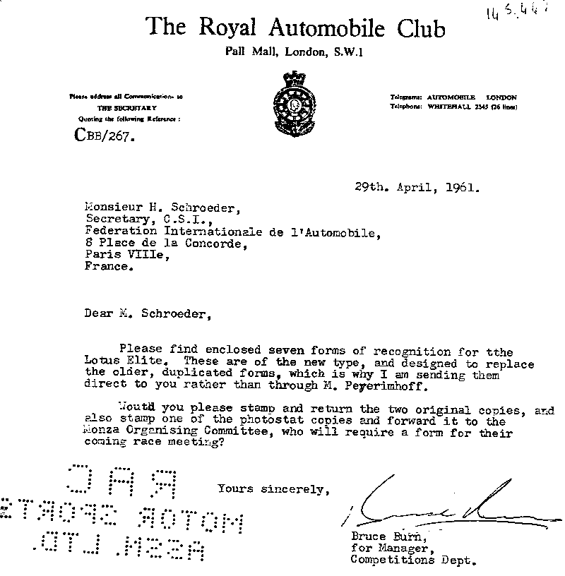 1961 Homologation Papers - Page 1